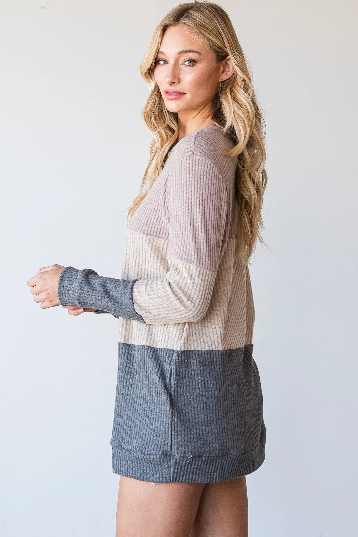 Neutral Color Block Design Waffle Top