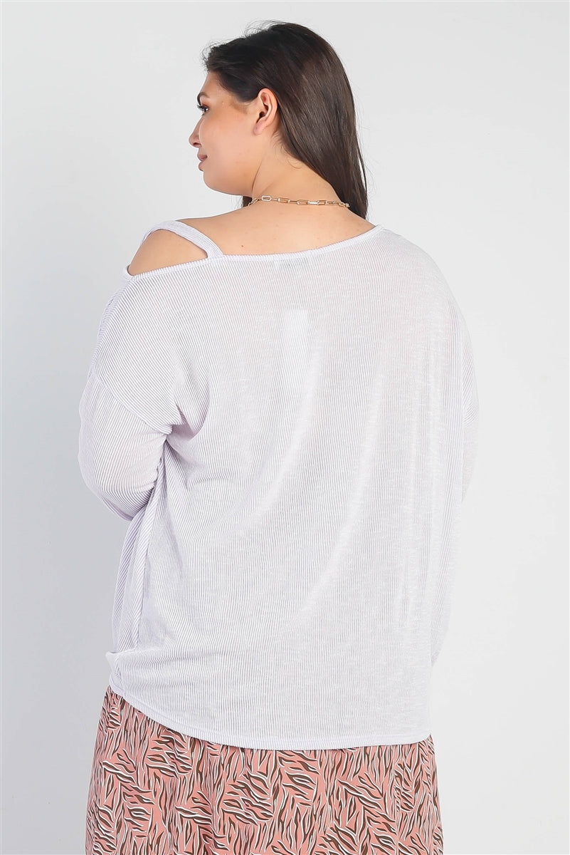 Plus Lavender Ribbed Cold Shoulder Hem Draped Detail Top