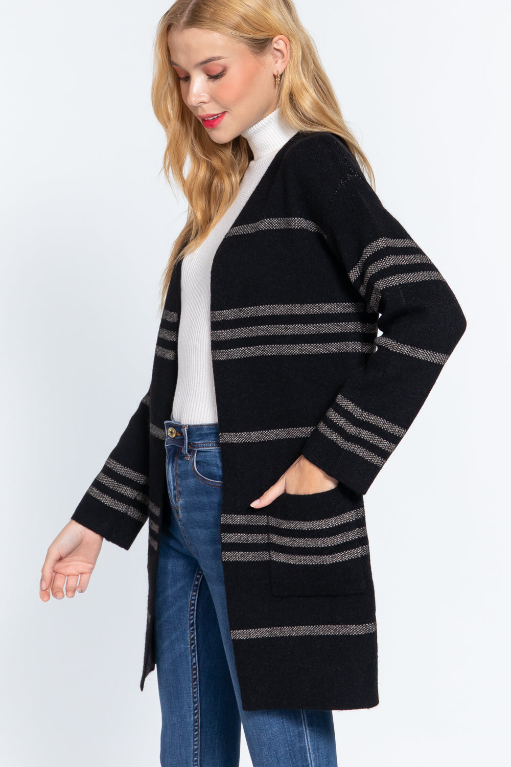 Dolman Slv Stripe Open Sweater Cardigan