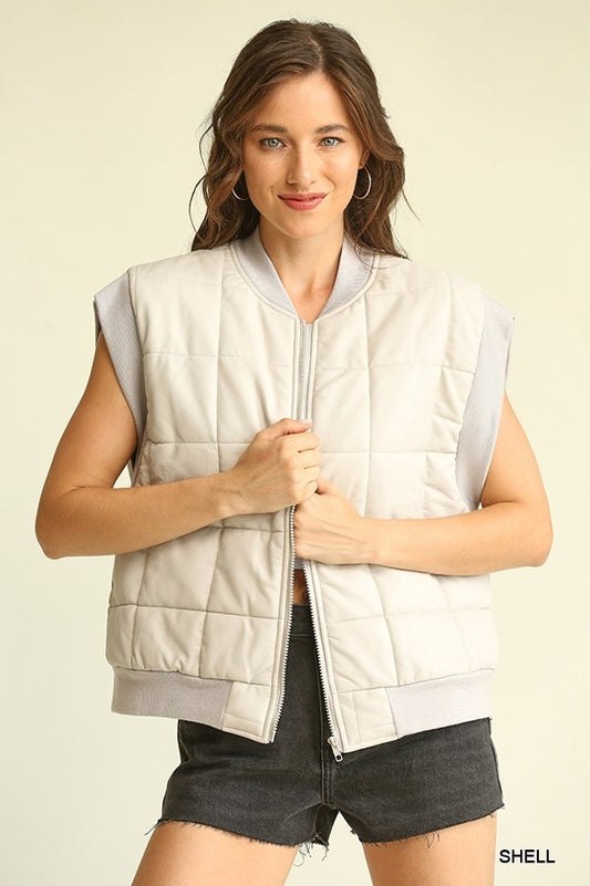 Faux Leather Solid Puffer Vest With Pockets