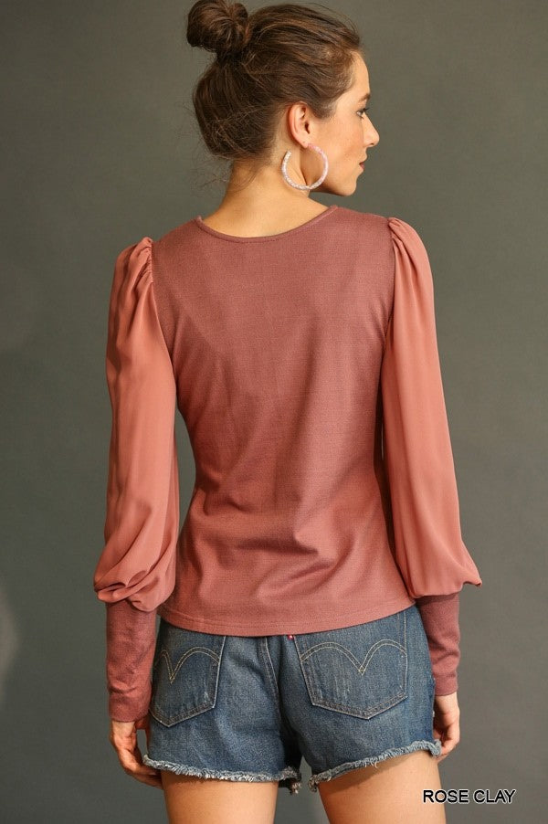 Solid Knit And Chiffon Mixed Top With Puff Long Sleeve