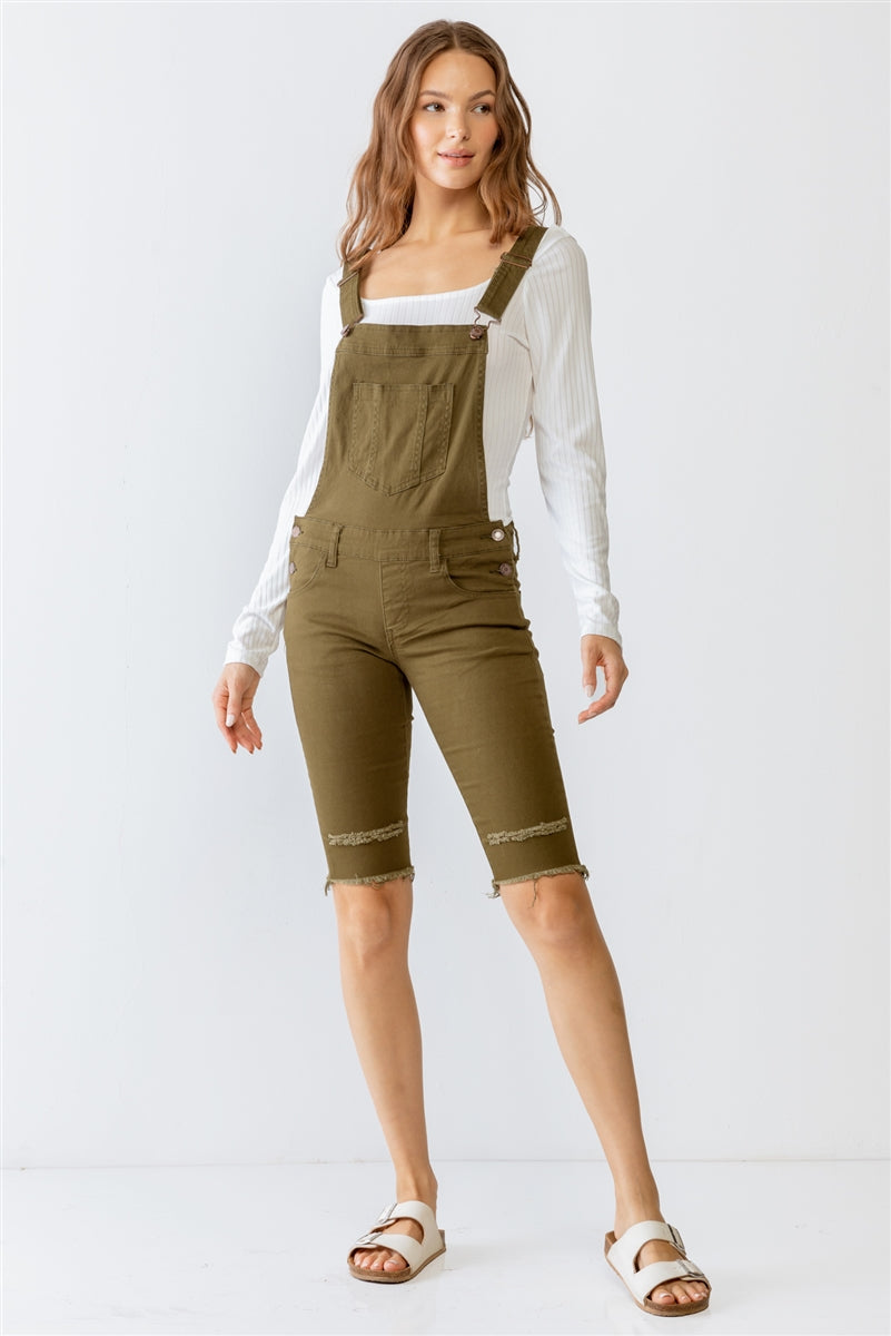 Olive Denim Distressed Detail Raw Hem Cropped Bermuda Overall