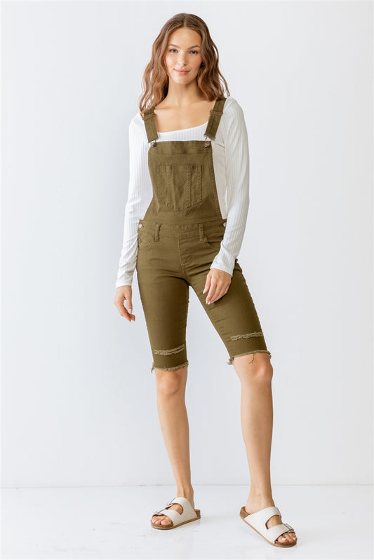 Olive Denim Distressed Detail Raw Hem Cropped Bermuda Overall