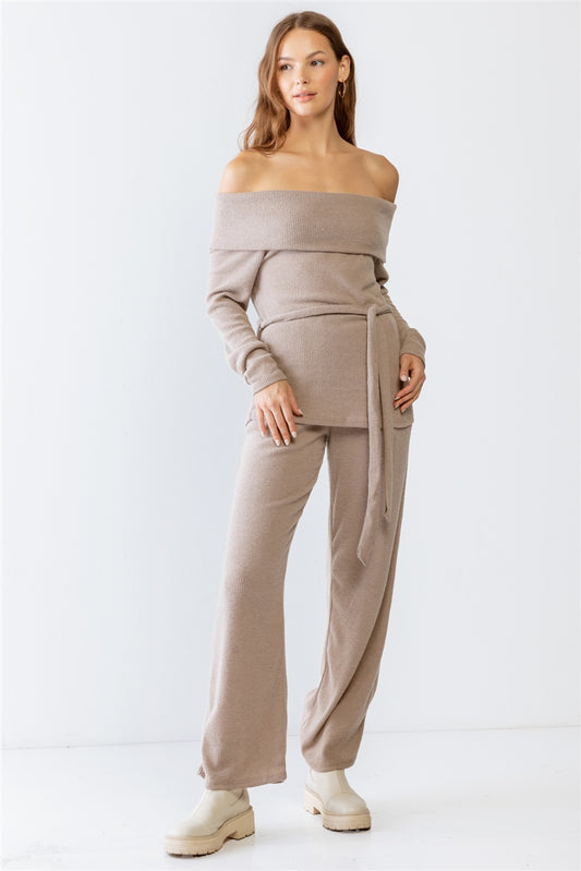 Mocha Ribbed Soft To Touch Off-the-shoulder Belted Top & Two Pocket High Waist Pants Set