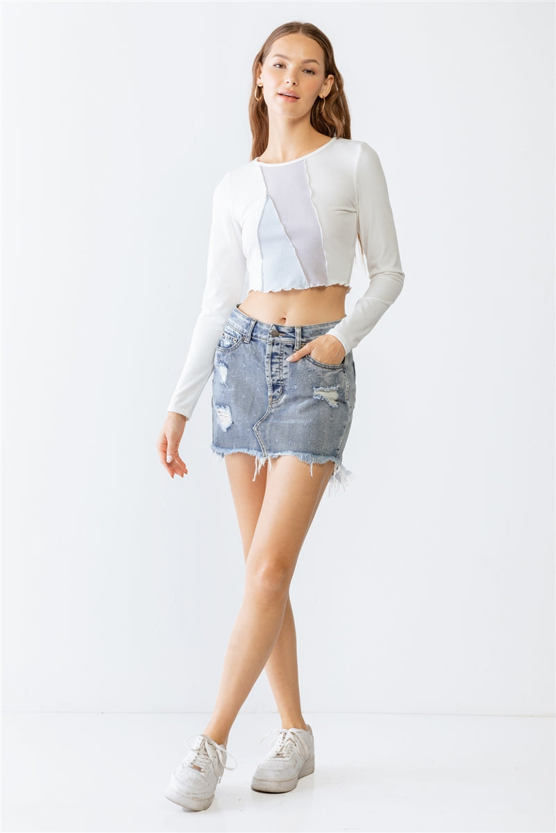 Ivory Light Blue Lavender Ribbed Stitch Detail Crew Neck Crop Top