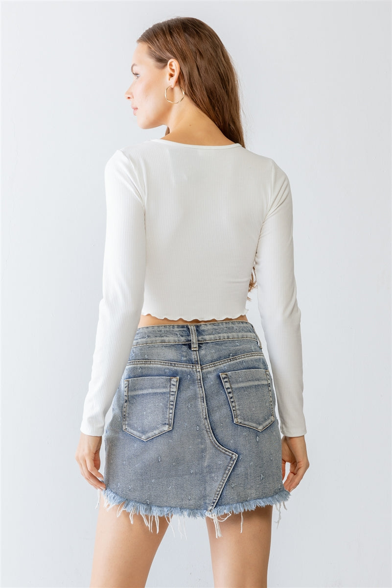 Ivory Light Blue Lavender Ribbed Stitch Detail Crew Neck Crop Top