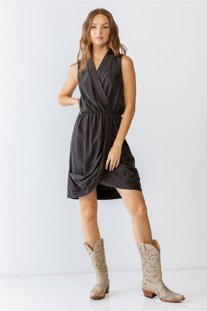 Washed Black Wrap Sleeveless V-neck Mini Dress