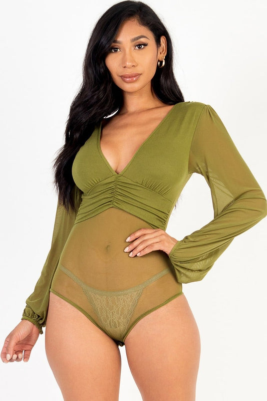 Mesh long sleeve deep v-neck bodysuit