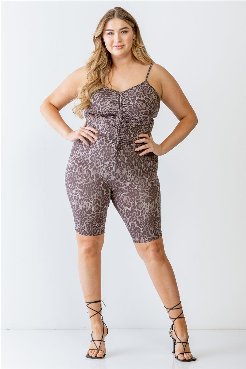 Plus Mocha Leopard Print Elasticized Sleeveless Ruched Top & High Waist Shorts Set