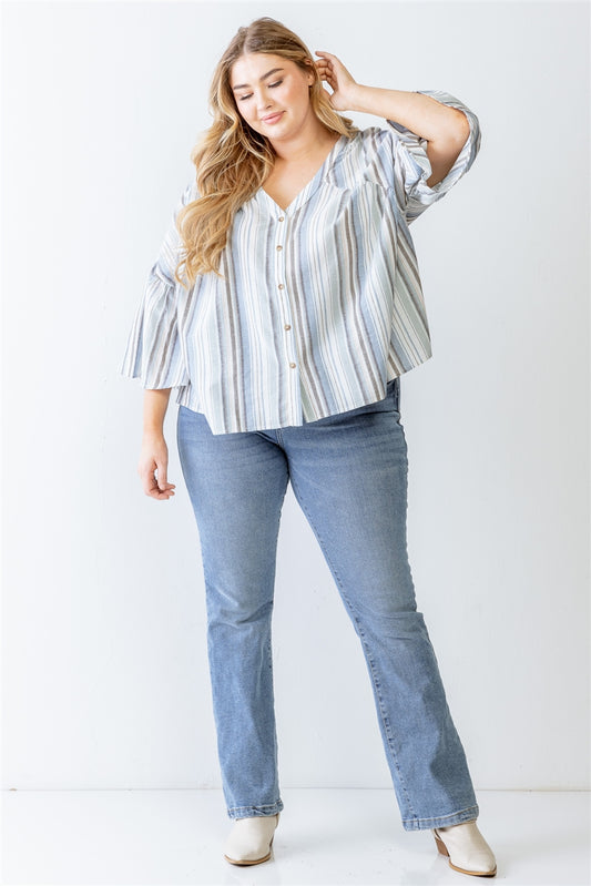 Plus Light Blue Stripe Print Cotton Button-up Flare Hem Top