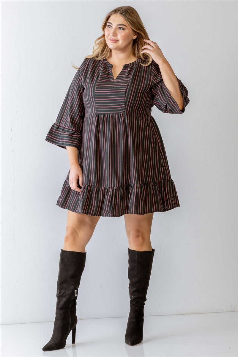 Plus Navy Stripe Print Cotton Flare Hem Mini Dress