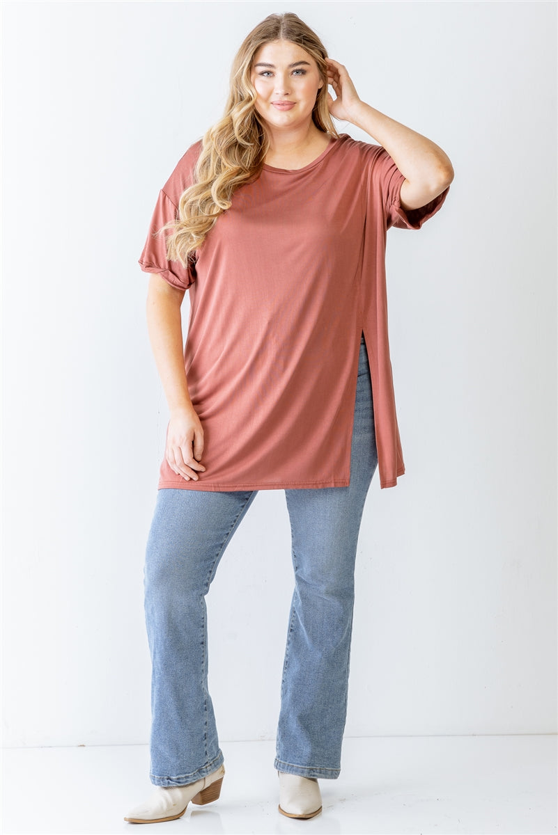 Plus Brick Round Neck Short Sleeve Relax Top