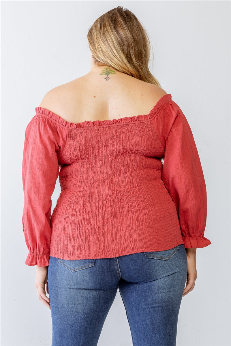 Plus Cotton Embroidery Off-the-shoulder Smocked Back Top