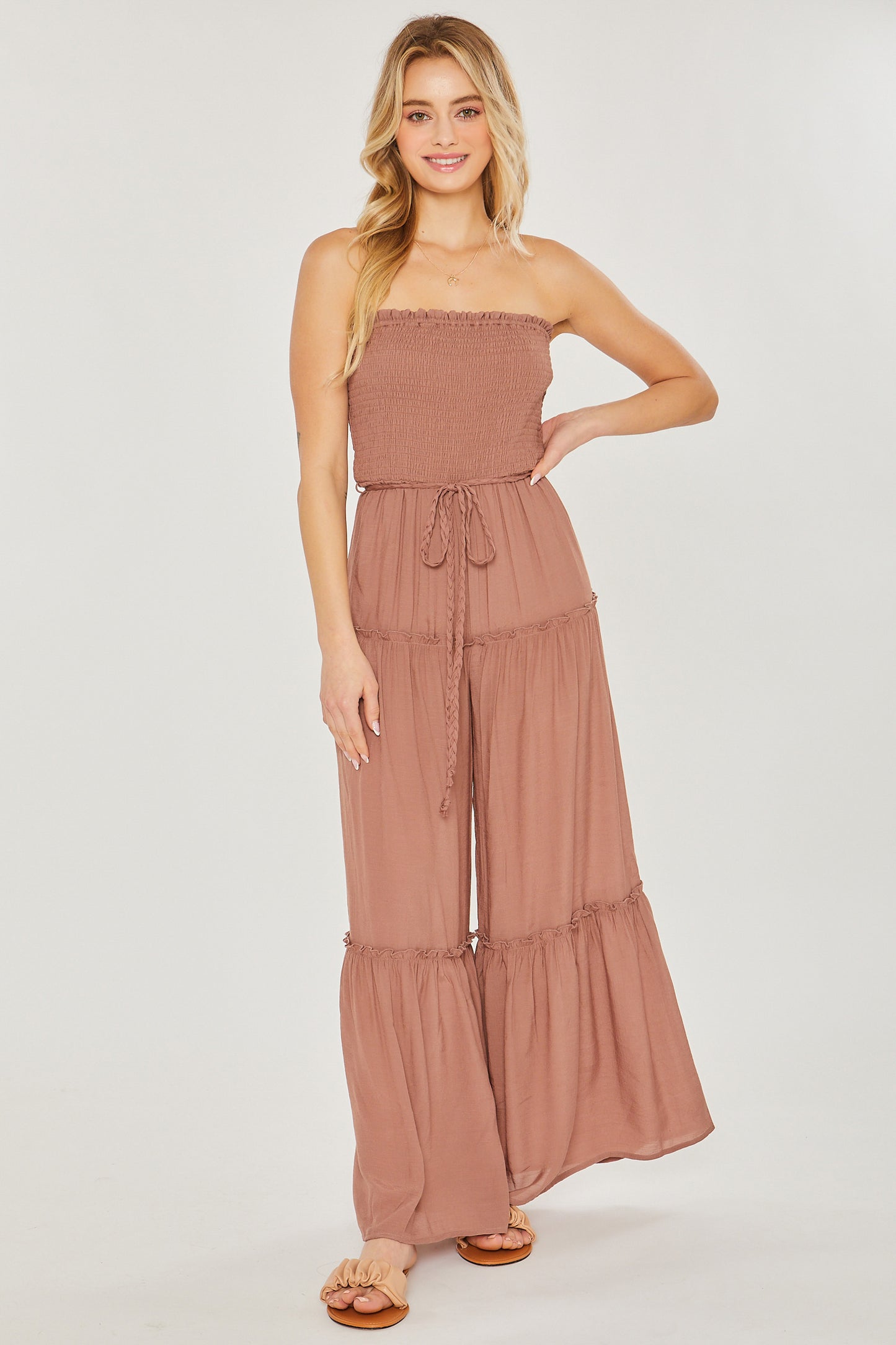 Woven Solid Sleeveless Smocked Ruffle Jumpsuit