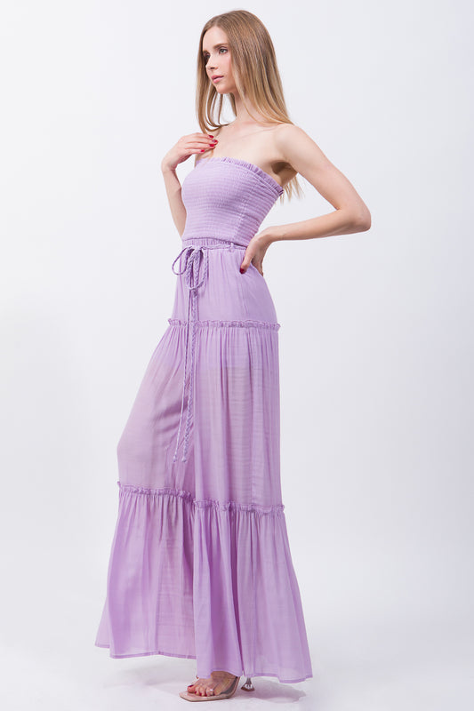 Woven Solid Sleeveless Smocked Ruffle Jumpsuit