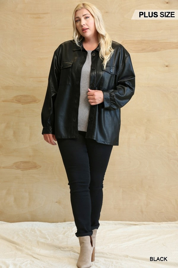 Faux Leather Button Down Shacket With Side Pockets