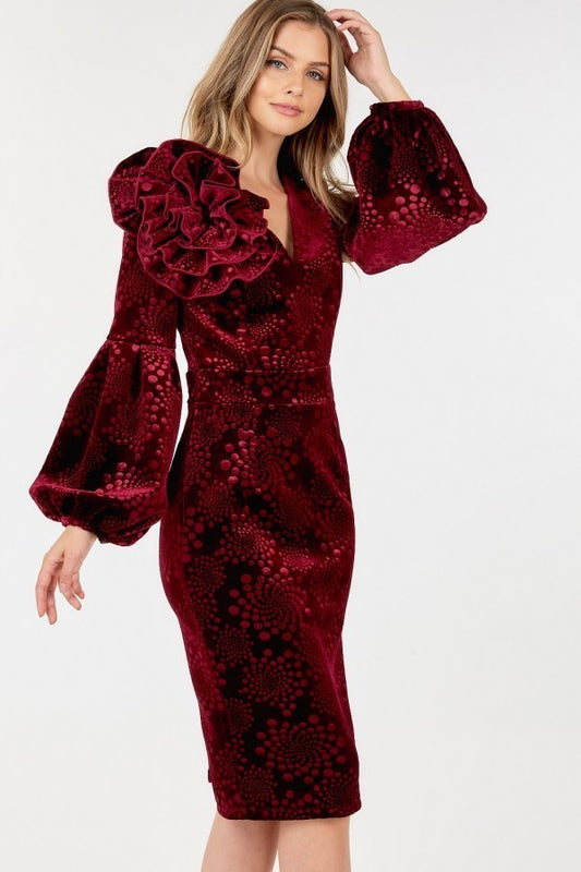 Flower Patch Flocked Velvet Fitted Midi Dress With Puff Sleeves