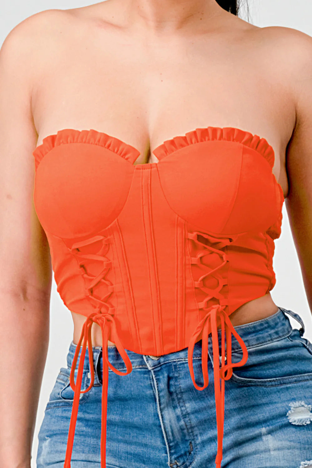 Luxe sweetheart ruffled drawstring lace bustier top