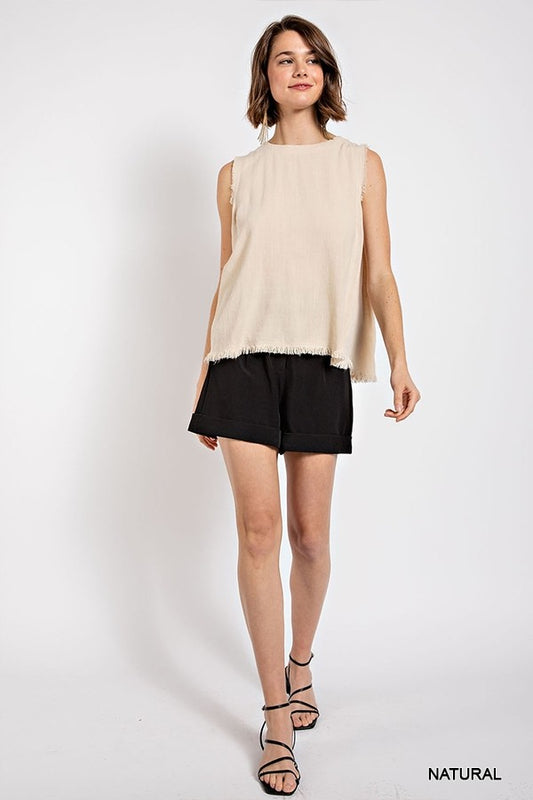 Sleeveless back button closure frayed top