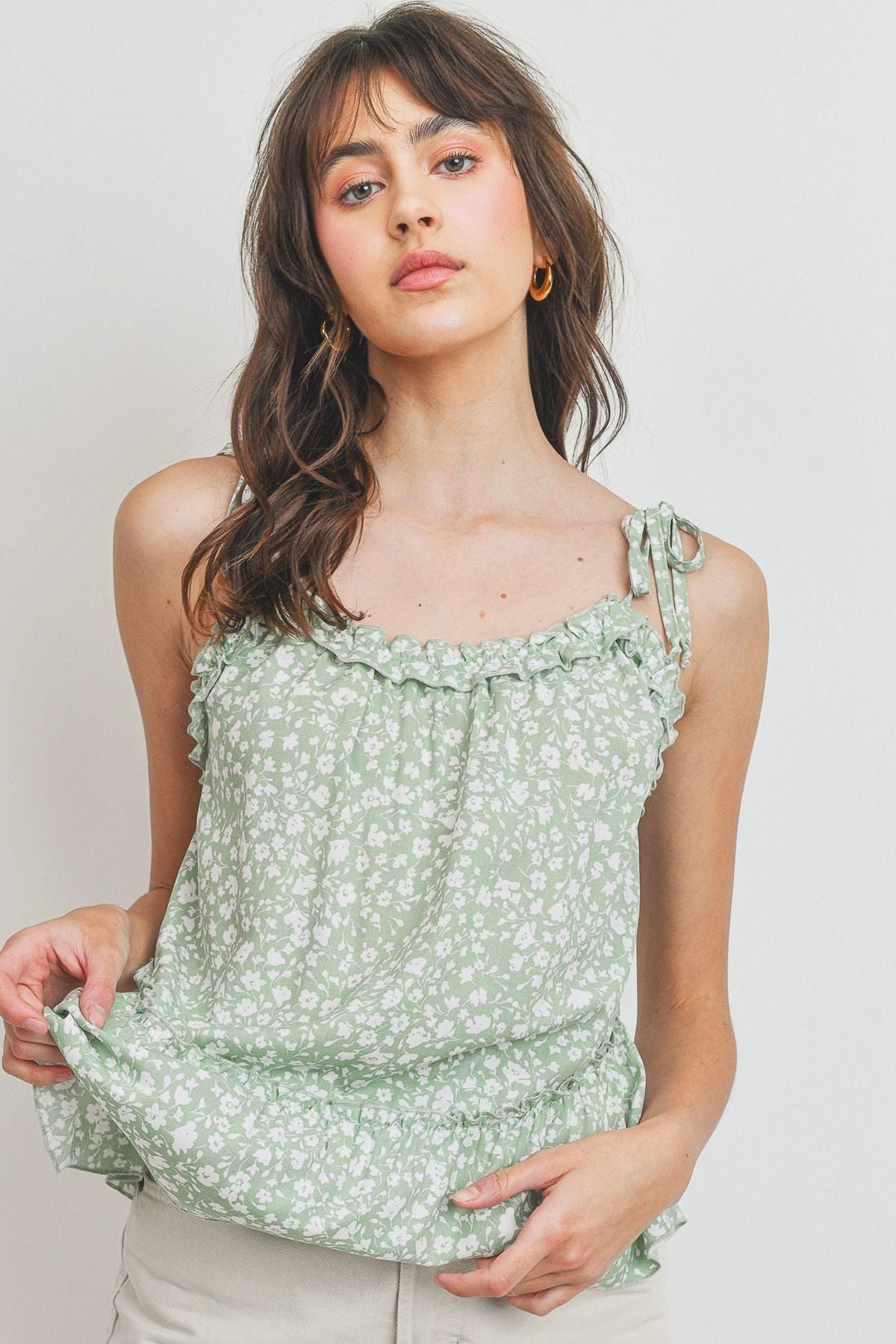 Ruffle detailed shirring peplum sleeveless top