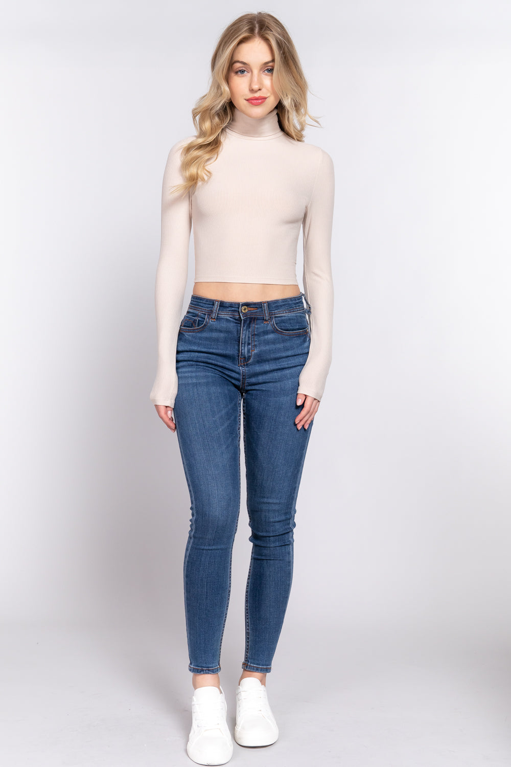 Long Slv Turtle Neck Rib Crop Knit Top