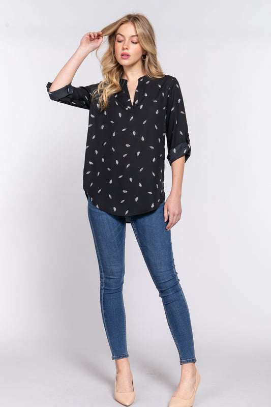 3/4 Roll Up Slv V-neck Print Blouse