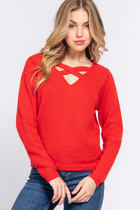 Long Slv X Strap V-neck Sweater