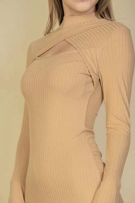 Ribbed Cut Out Front Long Sleeve Bodycon Mini Dress