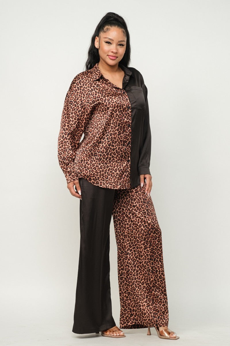 Half Animal Print And Half Solid Top And Pants Set