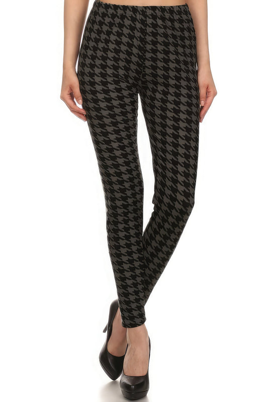 High Waisted Houndtooth Printed Knit Legging With Elastic Waistband
